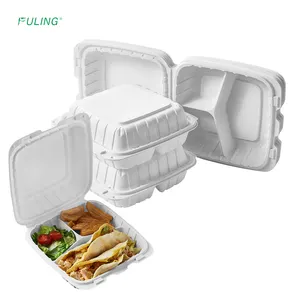 FULING Clamshell To Go Containers 8"x8" 3 Compartment Vented Anti Fog White Plastic Take Away Food Box With Hinged Lid