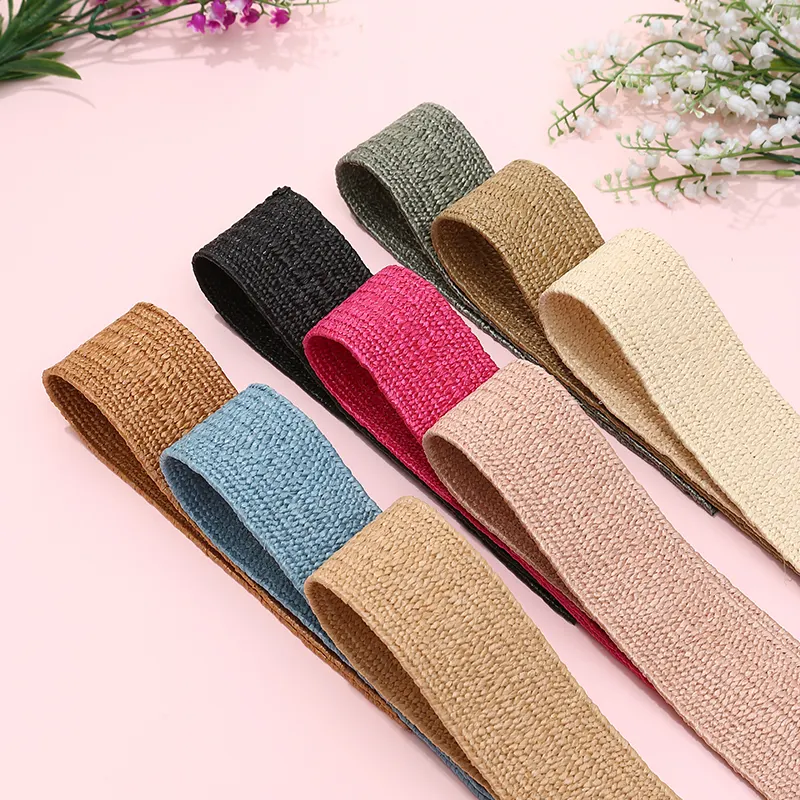 Nhà sản xuất bán buôn Macaron màu Raffia vật liệu đàn hồi dệt Ribbon tùy chỉnh PP elstico de rafia En colores