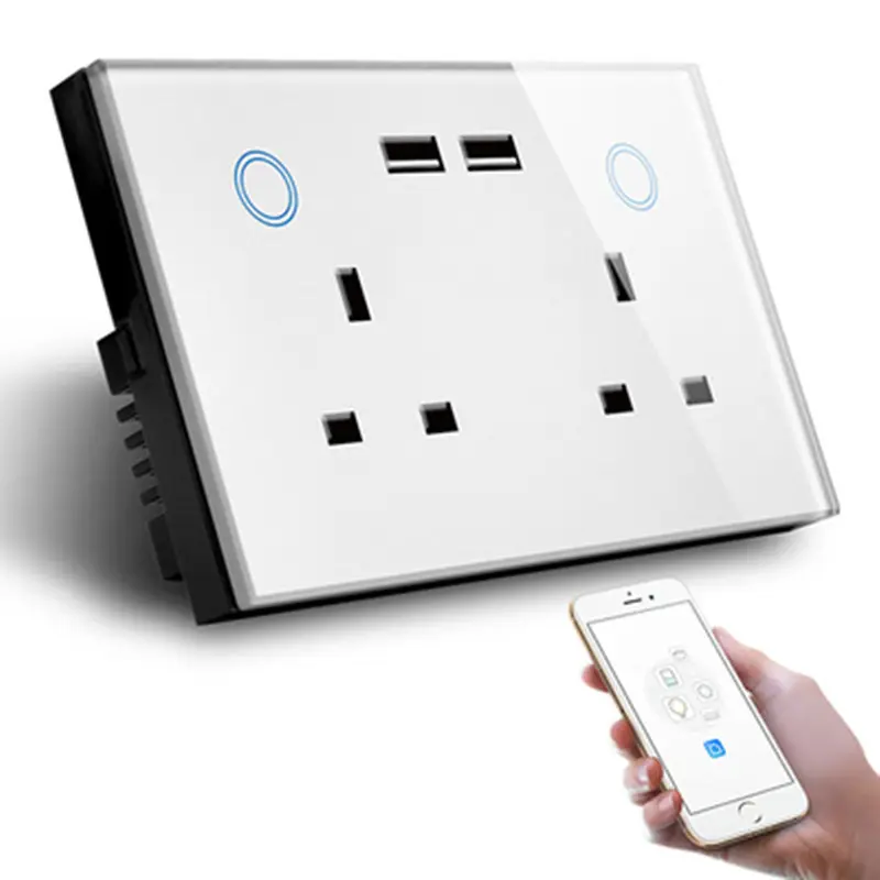 Support Voice Control Power Point UK Standard 2Gang Wifi Socket With Double USB Compatible Alexa&Google Home