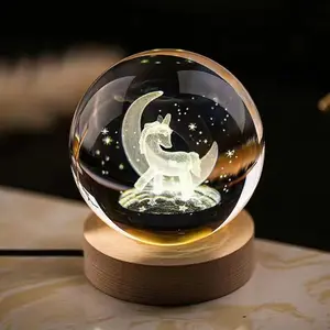 Hot Sale 80mm 3D Laser Engraved Crystal Galaxy Ball Etached Solar System Planet Crystal Glass Ball With Wood Led Stand