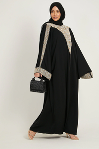 Abaya élégante sur mesure en tissu chiffon, technique de broderie avec perles, robe longue droite maxi style Dubaï. - Product Image 5