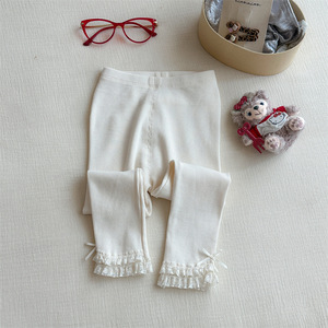 Tongxingyuan Girls <b>Leggings</b> Solid Color Knitted Cotton Long Pants <b>With</b> <b>Lace</b> <b>Trim</b> For Autumn Wear - Product Image 2