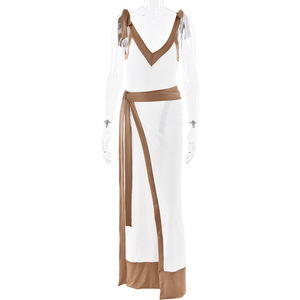 Ensemble robe de soirée décontractée avec haut camisole à col en V, jupe longue fendue et détails à nouer, style color block - Product Image 5