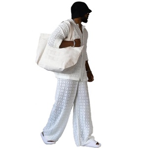 KY Custom Turn Down Collar Crochet Top Snap Button camicetta bianca Hollow Straight Pants <span class=keywords><strong>uomo</strong></span> Crochet Fabric abiti Casual da <span class=keywords><strong>uomo</strong></span> - Product Image 1