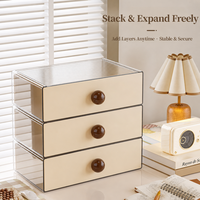 Organisateur de bureau à tiroir unique en PET transparent, boîte de rangement empilable A4, dessus côtelé crème, pour vanité et bureau, OEM ODM
