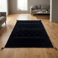 Tapis d'intérieur moderne en laine noire noué à la main, tissé à la main, lavable, motif tribal géométrique, à poils moyens, rectangulaire, pour salon et chambre