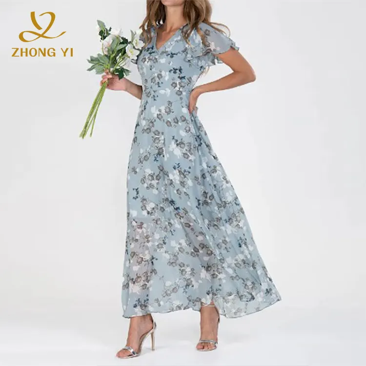 2023 Custom Women's Summer V Neck Blue Floral Print Ruffles Sexy Long Ladies Chiffon Short Sleeves Elegant Casual Dresses