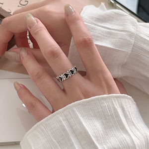 Yinruitai S925 Sterling <b>Silver</b> Black Glazed Heart Shaped Open <b>Ring</b> For Women <b>Adjustable</b> Everyday Wear Jewelry - Product Image 3