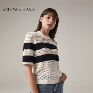 Nuovo arrivo maniche corte O collo maglione donna Top bianco <span class=keywords><strong>e</strong></span> nero con bottoni - Product Image 6