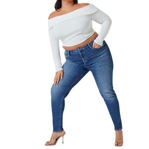 Jeans de corte de bota extragrandes sexys de cintura alta, ajustados, azul medio, lavados, estilo Mummy, de fábrica china a medida - Product Image 3