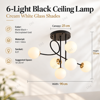 Lustre moderne noir à 6 globes en verre avec accents dorés et bras en forme de branche pour chambre, salle à manger, salon, hôtel
