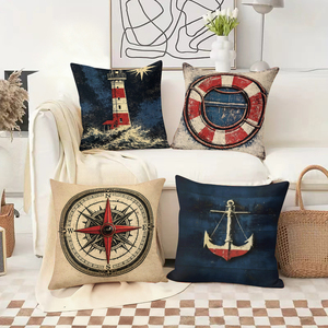 Sahil ev dekorasyonu için denizcilik temalı, deniz feneri, can simidi, pusula ve çapa tasarımlı kırlentler - Product Image 2