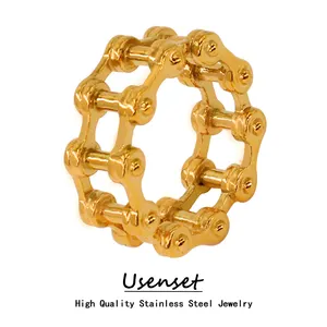 USENSET Anillo de Acero Inoxidable de Estilo Mecánico Punk Clásico, Cadena de Bicicleta de Simulación, Joyería de Dedo de Metal Chapado en Oro de 18K