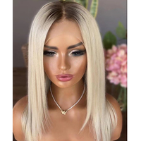 Perruque Lace Front Wig naturelle, cheveux humains, couleur blond platine ombré, courte, avec racine brun foncé