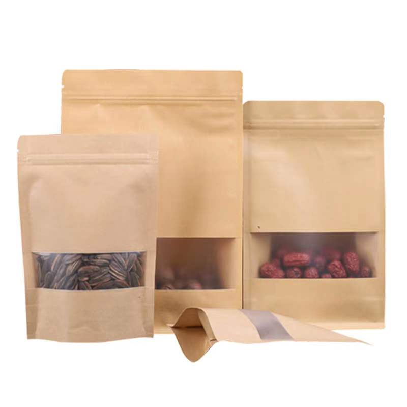 Biodegradable Sachet Stand Up Pouch Kraft Paper Bag With Window For Food Packing Nuts Powder Snack Packaging With Zipper Nut Grain Storage Bag
