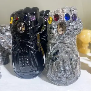 Hot Sales Obsidian Infinity Gauntlet Carving Hand Carved Yooperlite 7 Chakra Fist Carving For Crystal Crafts Gift