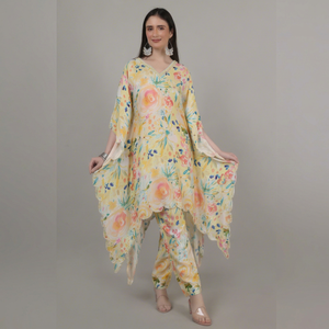 Conjunto de caftán estampado de moda étnica para mujer, multicolor con adornos de perlas, elegante elección para mujeres. - Product Image 1