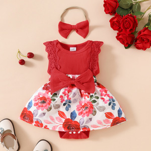 Combinaison en tricot de coton sans manches pour bébé fille, avec dentelle, motif floral et nœud, pour 0-1 an, avec bandeau assorti - Product Image 6