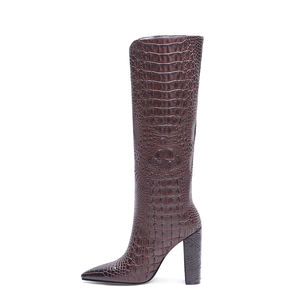 <span class=keywords><strong>Bottes</strong></span> d'hiver pour femmes à talons carrés et bout pointu, style croco, pour mollets larges, hauteur genou - Product Image 5
