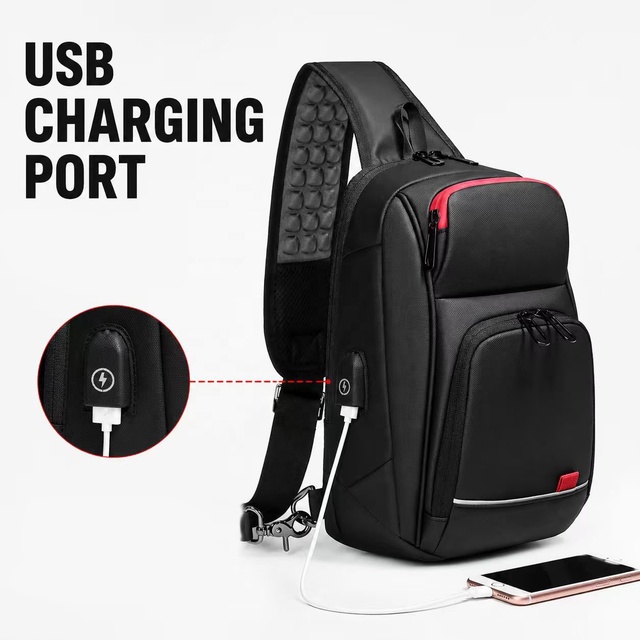Wholesale OEM Mens USB Charging Sling Bag with 9.7 Inch Tablet Compartment Hidden Bottle Pocket and Water Resistant PVC Fabric