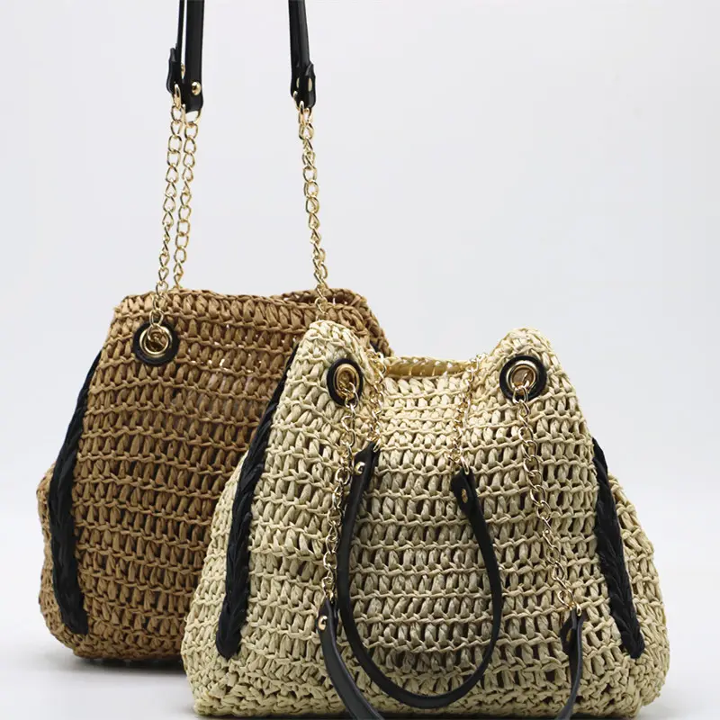 crochet raffia bag tote net woven crochet straw paper bag mesh luxury women handmade handbags raffia beach market shopping bag
