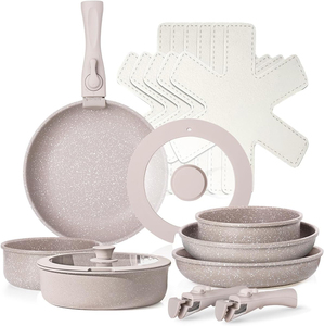 Ensemble de casseroles en céramique marbrée antiadhésive de haute qualité avec poignée amovible en bakélite, couvercles en verre, compatible lave-vaisselle, pour gaz et induction - Product Image 1