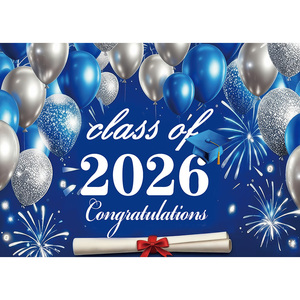 Toile de fond photographique Bleu Argent Classe de 2026, Décor de remise de diplôme, Bannière de fête avec ballons et feux d'artifice, Personnalisable pour la remise de diplôme - Product Image 1