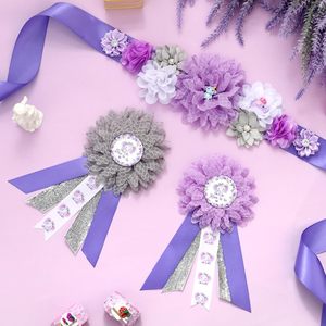 Kit de faja de maternidad para baby shower con diseño de elefante morado y gris, cinturón para el vientre con diseño floral para baby shower y broches de corsage para futuras mamás y futuros papás - Product Image 5