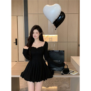 French Style Square Neck Long Sleeve Dress Tight Waist Short Skirt Gray And Black Solid Color Casual Daily Wear - Product Image 2