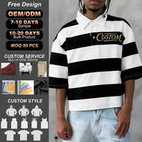 T-shirt Polo Homme Personnalisé en Coton, Coupe Boxy Courte, Rayé, à Col à Revers, avec Broderie, Patch et Lettres, Épaules Tombantes, Coupe Ample