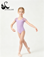 Maillot de Ballet de Manga Corta para Niñas con Hombros Fruncidos de Malla, Spandex Mate, Body de Gimnasia para Niñas con Falda y Cintura Elástica