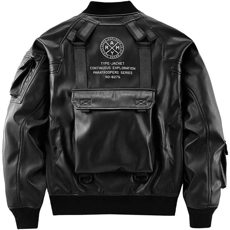 DiZNEW custom multi-pocket leather jacket blank Bomber black jacket for men