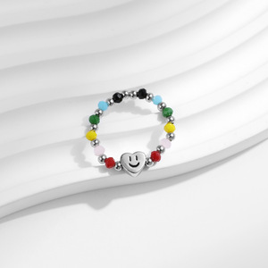 S925 Silver Cute Heart Smile Face Beaded <b>Ring</b> With Colorful <b>Crystal</b> Stones Unisex Everyday Wear Rainbow Smiley Beaded <b>Ring</b> - Product Image 4