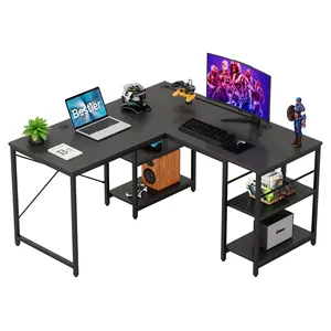 BESTIER Metal and Wood Rustic L Shaped Computer Desk with Cabinet Open Storage for Home Office Study