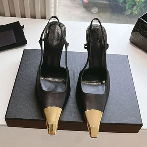 Sandalias de tacón alto de aguja con punta cuadrada dorada de metal para mujer, talla grande 44, con correa trasera y diseño slingback, zapatos de charol. - Product Image 3