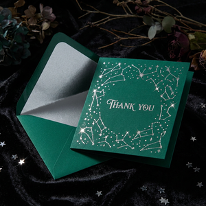 Tarjetas de Agradecimiento con <span class=keywords><strong>Mapa</strong></span> de Constelaciones en Verde Esmeralda, Papel Plateado con Relieve, Impresión Personalizada, Tarjetas de Regalo Corporativas para Bodas, al por Mayor - Product Image 1