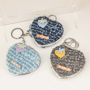 Heart Shape Denim <b>Compact</b> <b>Mirror</b> Keychain Portable Folding Makeup <b>Mirror</b> With Strawberry Design 95% Clarity Pocket - Product Image 4