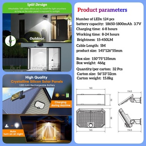 OTHC 1812B Luces de inundación LED solares 124 LED Sensor de movimiento Luces de punto de seguridad impermeables para jardín Porche Patio Garaje-Pequeño - Product Image 6
