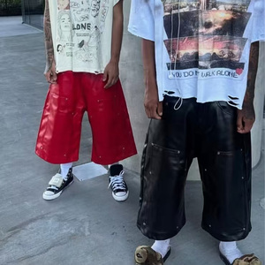 Pantalones Culottes de Cuero Sintético para <span class=keywords><strong>Hombre</strong></span>, Estilo Y2K, Anchos, Cortos, Holgados, de Moda Urbana, Estilo Punk y Hip Hop - Product Image 3