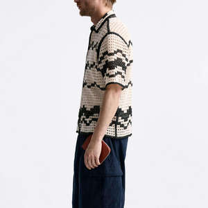 Tùy chỉnh lỏng thời trang nút sọc Rỗng ra Crochet Áo Len Ngắn Tay Áo polo đan bông Crochet Áo Sơ Mi Nam Áo len - Product Image 2