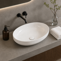 Lavabo ovale moderne en céramique avec robinet à levier, fixation sans perçage, finition lisse pour salle de bain d'hôtel