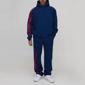Navy Red <b>Gothic</b> Script <b>Hoodie</b> Sweatpants Side Print Custom Men Two Piece Tracksuit - Product Image 4