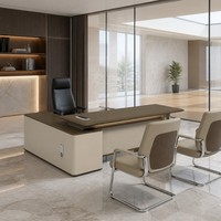 Ensemble de bureau de direction avec armoire latérale en MDF E1, thermoformé, grain de bois foncé, boîte à câbles avec serrure à code, mobilier