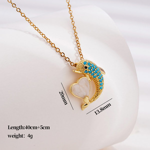 Collier Pendentif en Laiton Plaqué Or Série Océan avec Zircon Cubique CZ, Motifs Étoile de Mer, Dauphin, Hippocampe, Queue de Sirène, Bijou de Cou Tendance pour Femme - Product Image 4