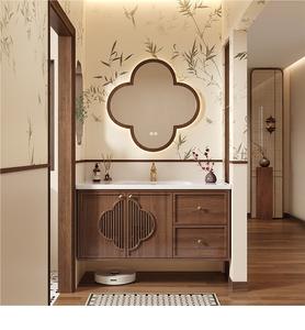 Meuble de salle de bain mural en bois massif de style minimaliste moderne avec lampe LED intelligente intégrée et lavabo en céramique. - Product Image 5
