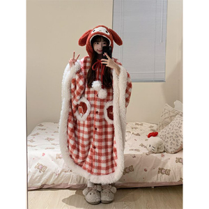 Poncho rosso per ragazza carina dolce <span class=keywords><strong>pigiama</strong></span> invernale da donna <span class=keywords><strong>in</strong></span> <span class=keywords><strong>pile</strong></span> di corallo con fodera <span class=keywords><strong>in</strong></span> <span class=keywords><strong>pile</strong></span> e vestaglia da notte per la casa - Product Image 4