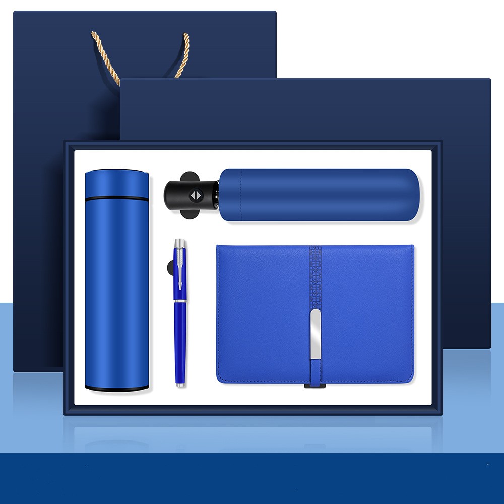 4pcs set(thermos+notebook+pen+umbrella)blue