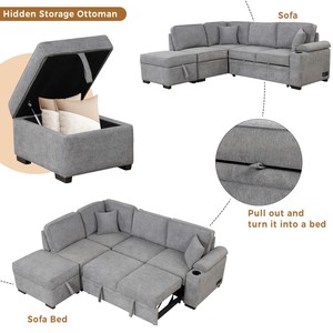 Modern Three Seat Fabric Convertible <b>Sofa</b> <b>Bed</b> Pull-Out Function 2-in-1 L-Shape <b>Storage</b> Ottoman Villa Living Room Bedroom Hotel - Product Image 4