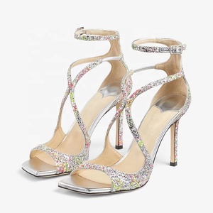 Sandales à bout carré ouvert pour femme, à brides croisées ornées de diamants, talon aiguille scintillant, design de marque, chaussures d'été - Product Image 5