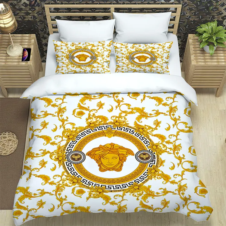 Set tempat tidur motif wajah emas, Modern mewah penutup selimut nyaman 100% lembar tempat tidur katun